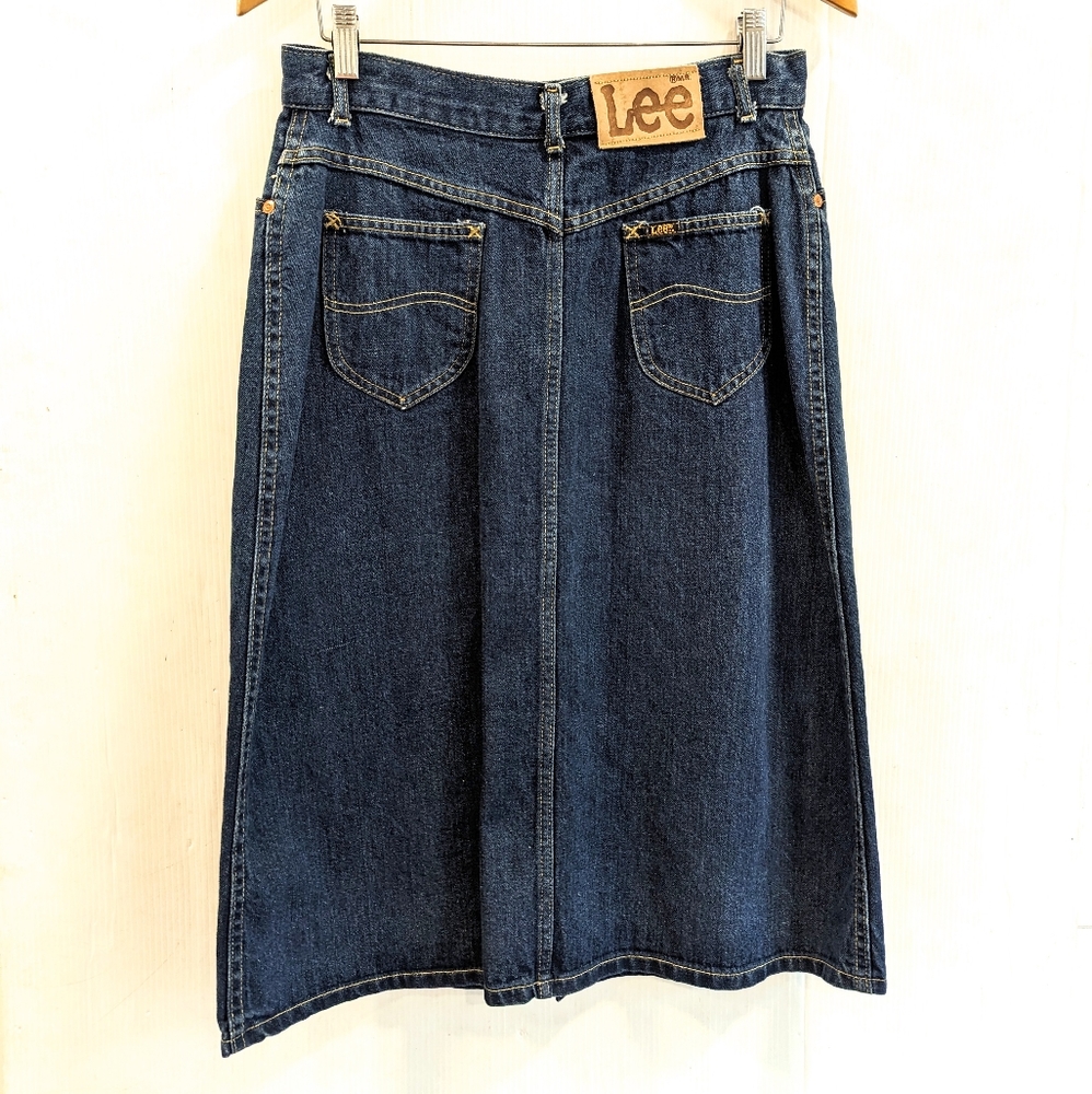 LEE Vintage 90s Y2K darkwash blue denim midi skirt with front slit